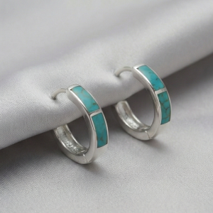925 Sterling Silver Turquoise Green Inlay Huggie Hoop Earrings for Women Rhodium Plated Minimalist Jewellery