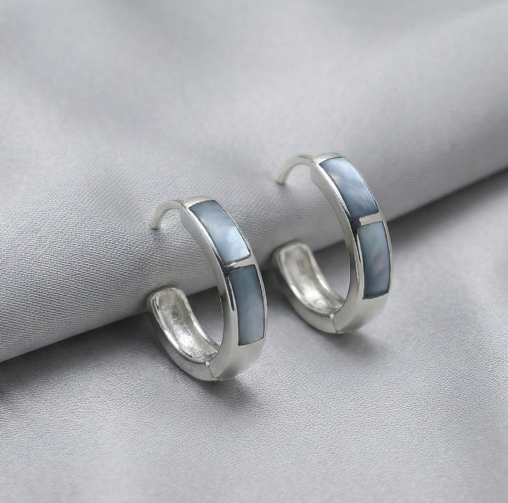 925 Sterling Silver Grey Rectangular Inlay Hoop Earrings Jewellery for Women