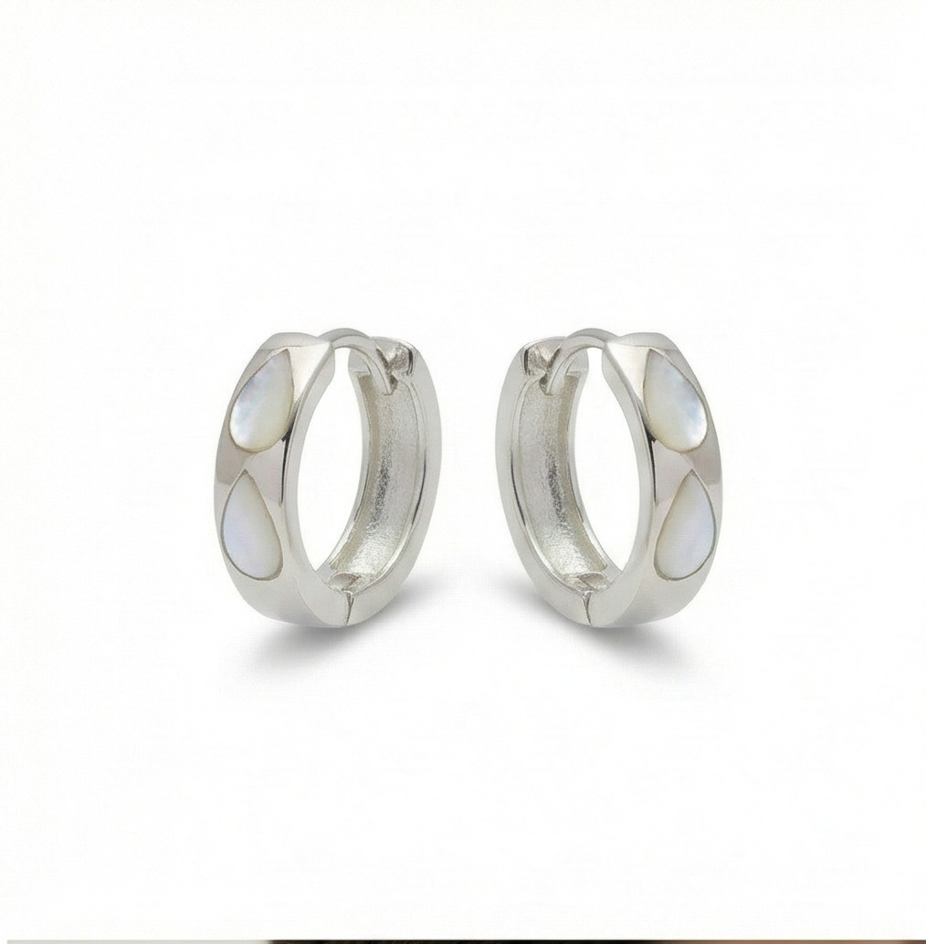 925 Sterling Silver White Pearlescent Teardrop Huggie Hoop Earrings for Women Rhodium Plated Jewellery