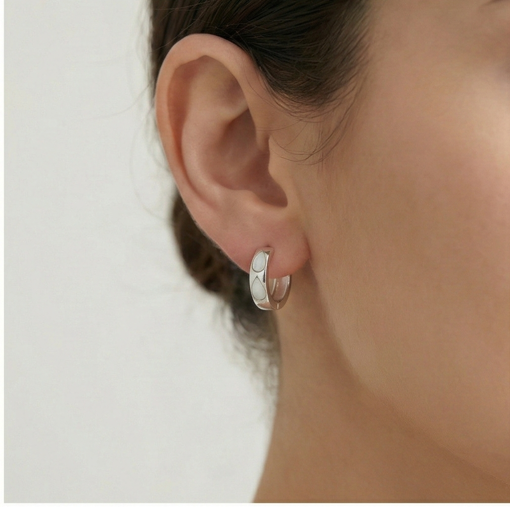 925 Sterling Silver White Pearlescent Teardrop Huggie Hoop Earrings for Women Rhodium Plated Jewellery