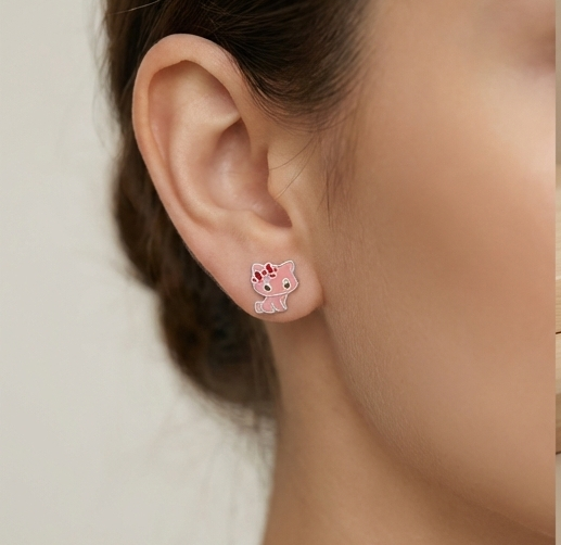 925 Sterling Silver Pink Enamel Cat Stud Earrings Jewellery for Kids