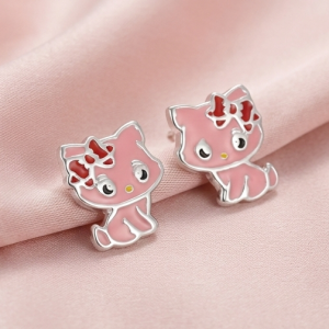 925 Sterling Silver Pink Enamel Cat Stud Earrings Jewellery for Kids