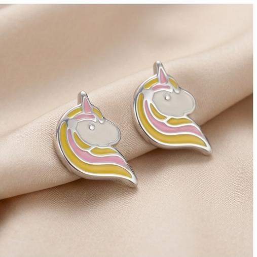 925 Sterling Silver Pastel Enamel Unicorn Head Stud Earrings Jewellery