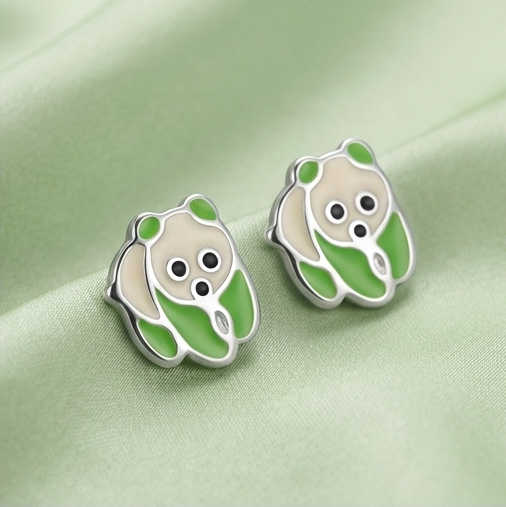 925 Sterling Silver Green Enamel Panda Bear Stud Earrings Jewellery