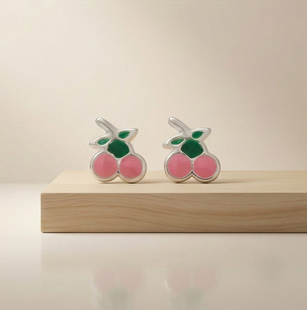 925 Sterling Silver Pink Enamel Cherry Fruit Stud Funky Earrings Jewellery