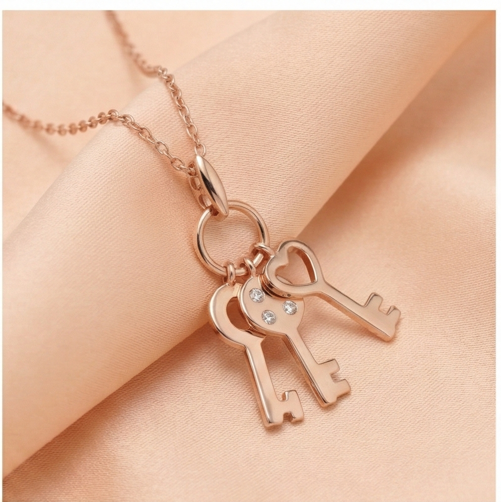 925 Sterling Silver Rose Gold Plated Trio Key Charm Pendant Necklace Jewellery for Women