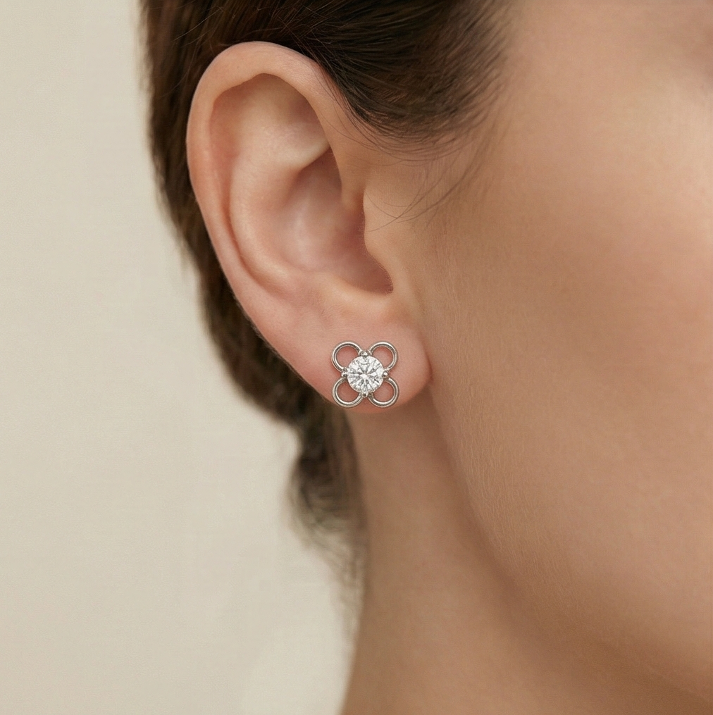 925 Sterling Silver Openwork Flower Stud Earrings Solitaire Center Rhodium Finish Jewellery