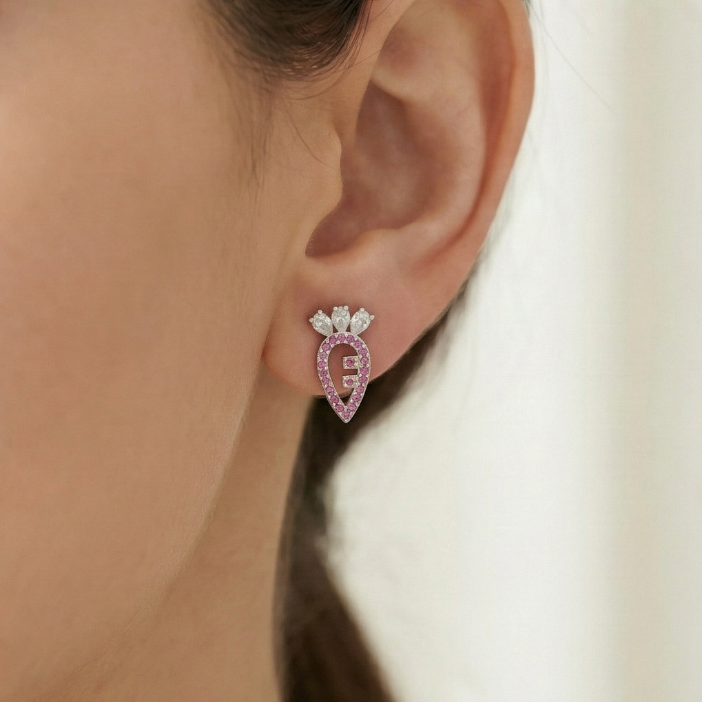 925 Sterling Silver Pink Carrot Stud Earrings Stone Accents Rhodium Finish Jewellery
