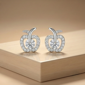 925 Sterling Silver Apple Shaped Stud Earrings Solitaire Center Rhodium Finish Jewellery