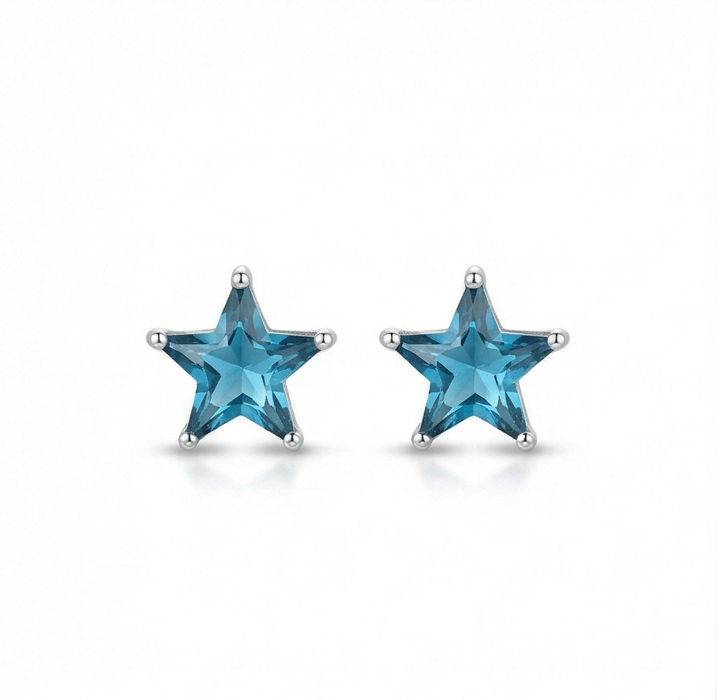 925 Sterling Silver Blue Star Stud Earrings Prong Set Solitaire Rhodium Finish Jewellery