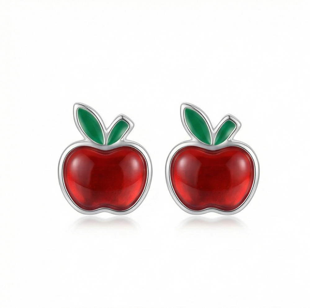 925 Sterling Silver Red Apple Stud Earrings Glossy Enamel Jewellery for Teachers & Students