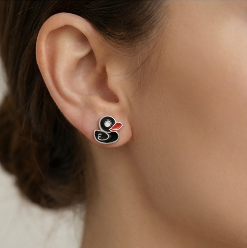 925 Sterling Silver Black Enamel Duck Stud Earrings Jewellery for Kids
