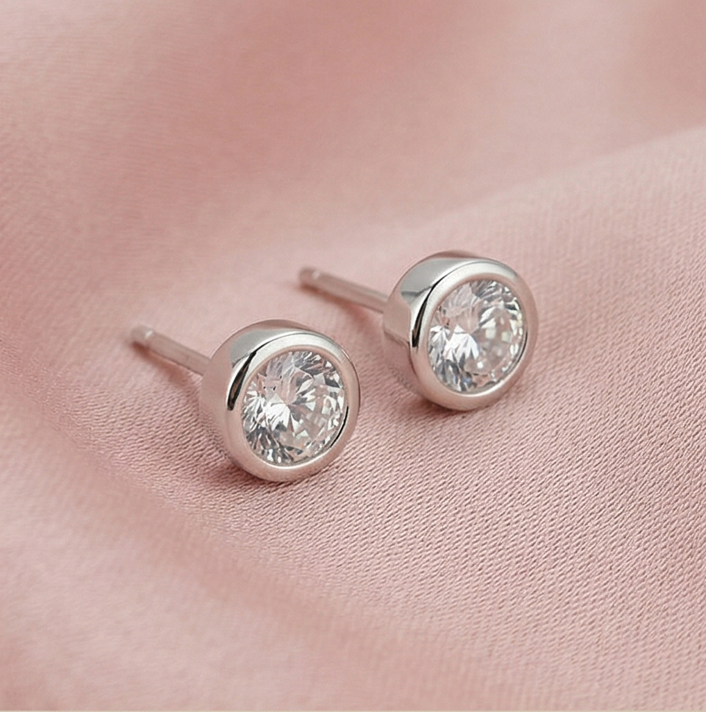 925 Sterling Silver Round Bezel Set Solitaire Stud Earrings Jewellery for Women