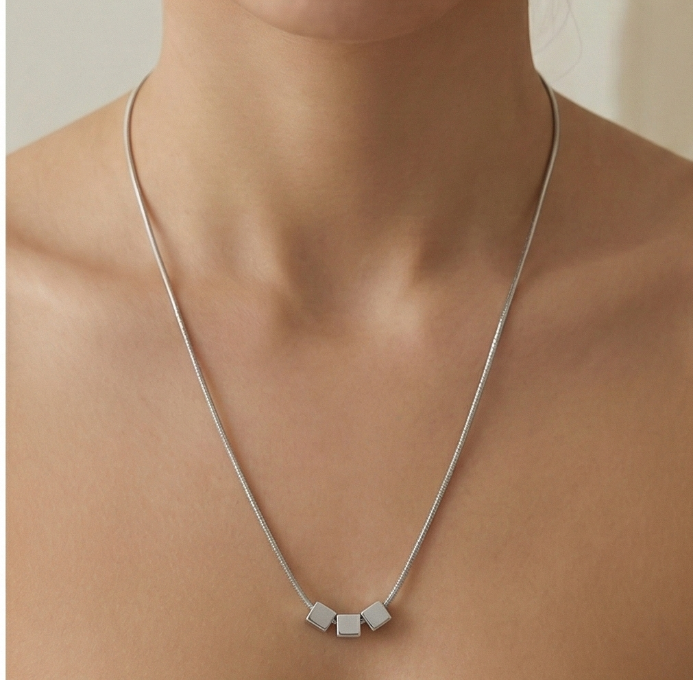 925 Sterling Silver Minimalist Triple Geometric Cube Pendant Necklace High Polish Jewellery for Women
