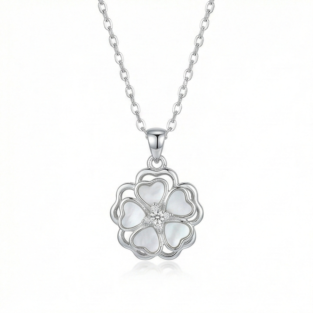 925 Sterling Silver White Shell Floral Motif Pendant Necklace Jewellery with Rhodium Finish