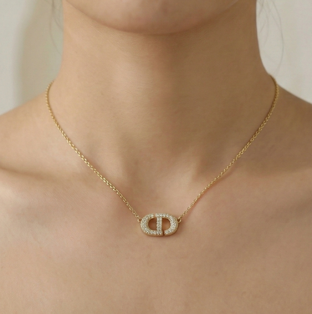 925 Sterling Silver Gold Plated Pave Interlocking Initial Pendant Necklace Jewellery for Women
