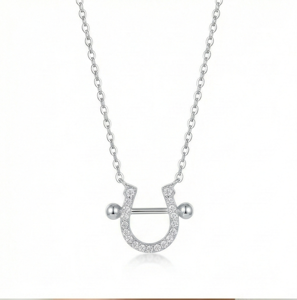 925 Sterling Silver Pave Set Horseshoe Pendant Necklace Jewellery