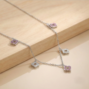 925 Sterling Silver Multi-Charm Clover Floral Station Necklace Jewellery for Women