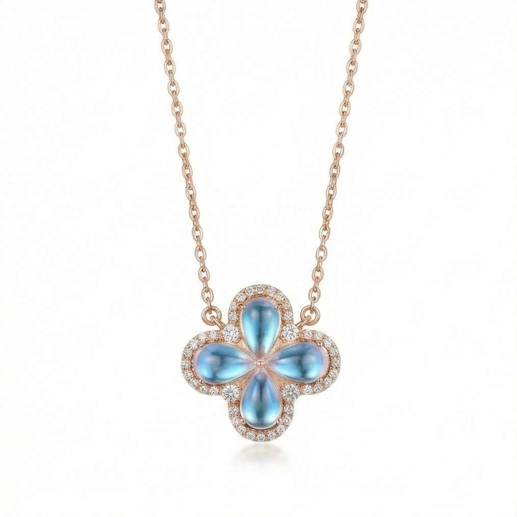 925 Sterling Silver Rose Gold Plated Blue Stone Flower Pendant Necklace Jewellery