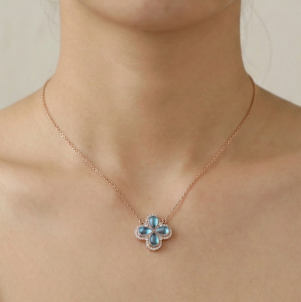 925 Sterling Silver Rose Gold Plated Blue Stone Flower Pendant Necklace Jewellery