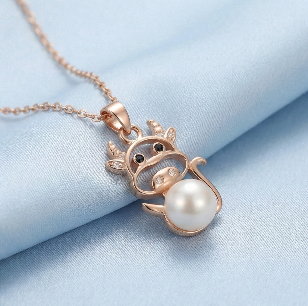 925 Sterling Silver Rose Gold Plated Playful Cow Pearl Pendant Necklace Jewellery for Women and Girls