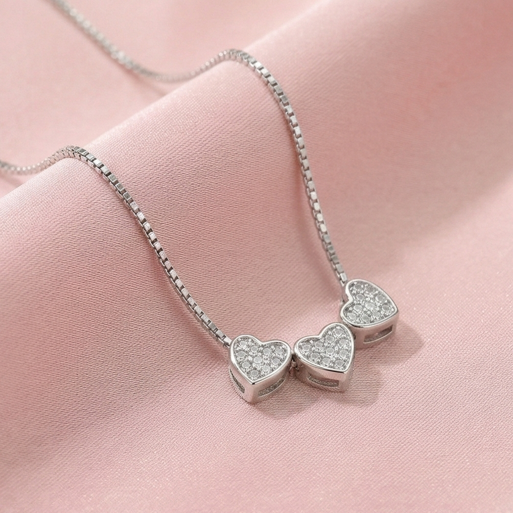 925 Sterling Silver Triple Heart Station Necklace High Polish Jewellery for Women