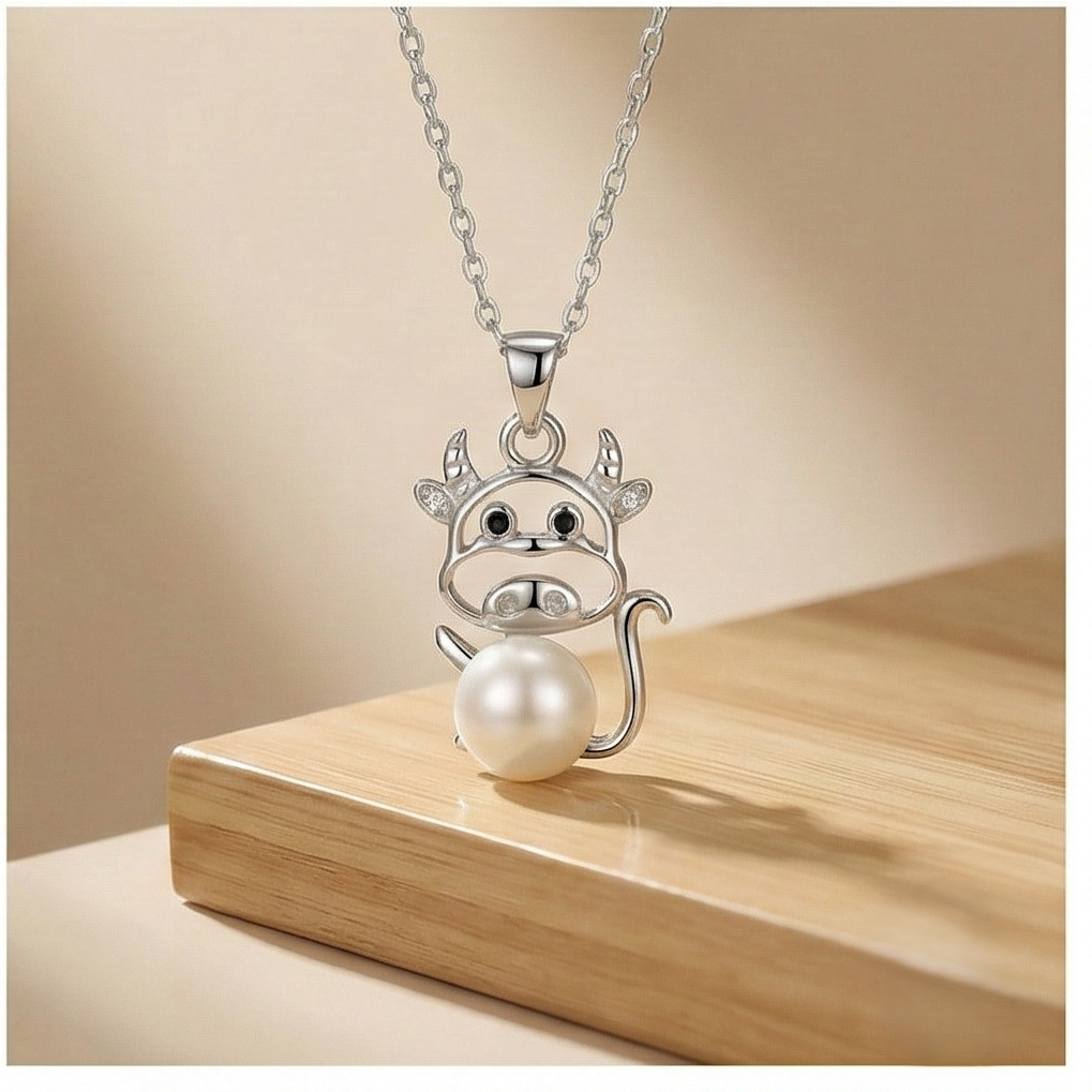 925 Sterling Silver Playful Cow Pearl Pendant Necklace Jewellery for Girls and Women
