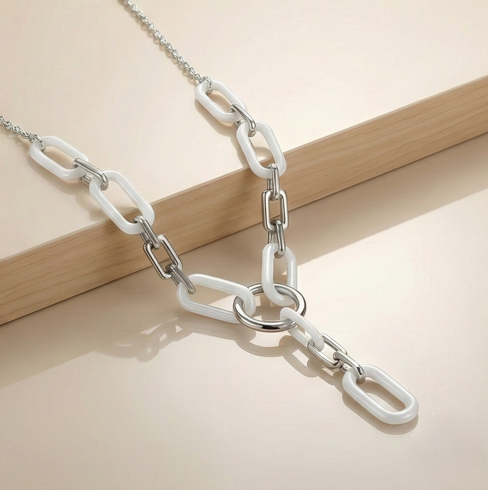 925 Sterling Silver Modern White Oval Link Paperclip Chain Y-Necklace Jewellery