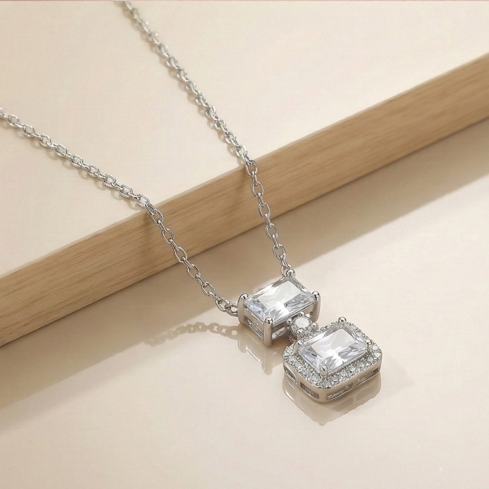 925 Sterling Silver Double Geometric Drop Stone Pendant Necklace Jewellery for Women