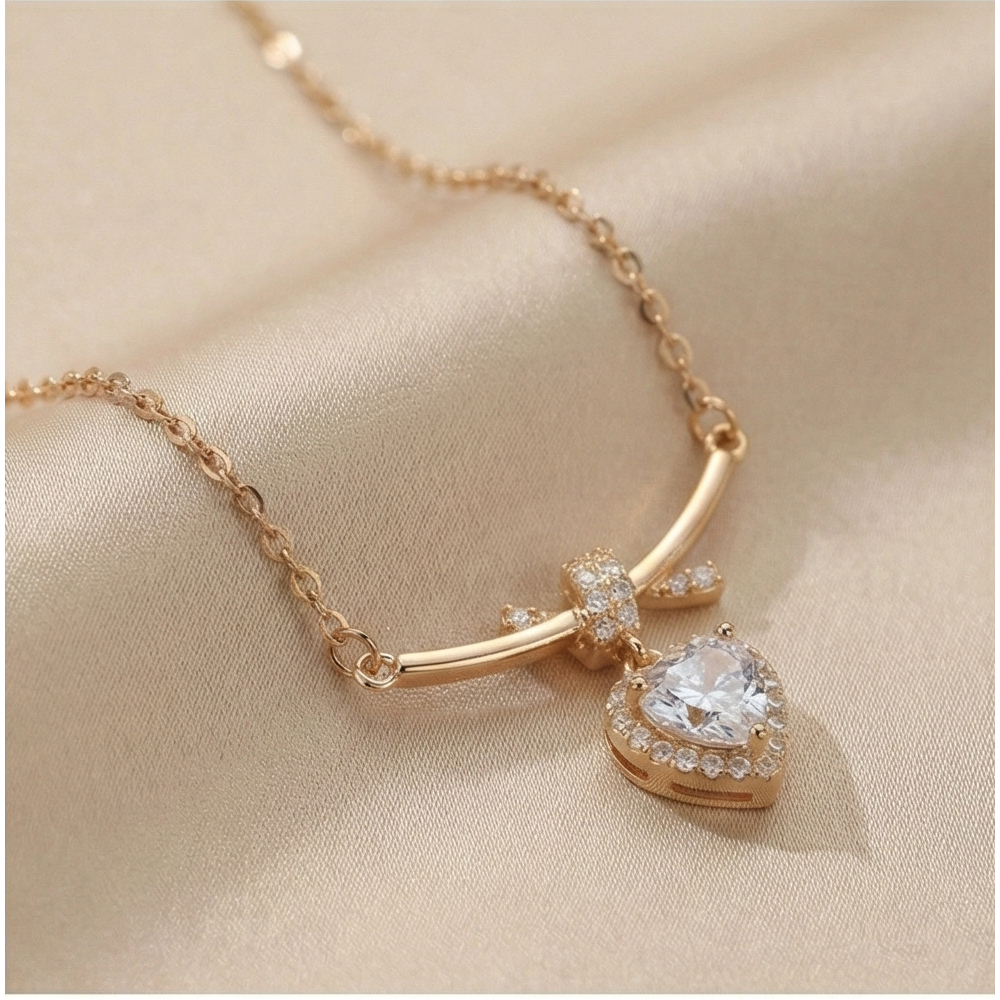 925 Sterling Silver Rose Gold Plated Ribbon Bow Heart Pendant Necklace Jewellery for Women