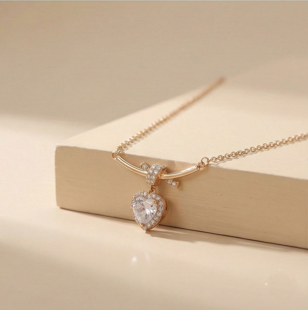 925 Sterling Silver Rose Gold Plated Ribbon Bow Heart Pendant Necklace Jewellery for Women