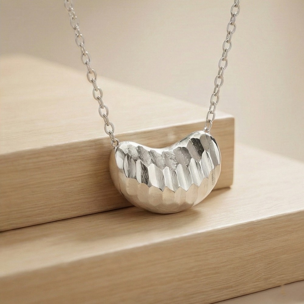 925 Sterling Silver Faceted Geometric Textured Bean Pendant Necklace Jewellery for Women