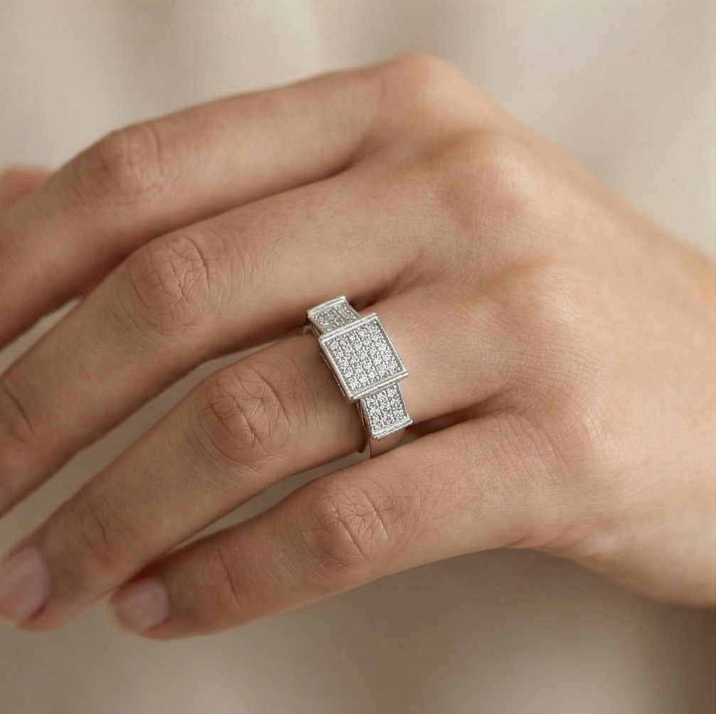 925 Sterling Silver Geometric Square Pave Setting Ring Jewellery for Women