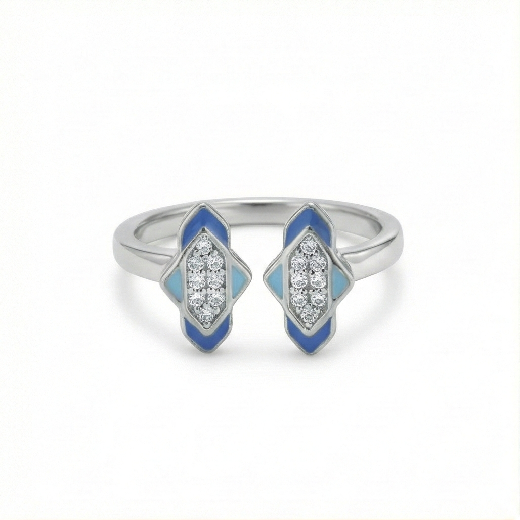 925 Sterling Silver Blue Enamel Geometric Open Cuff Ring Jewellery for Women