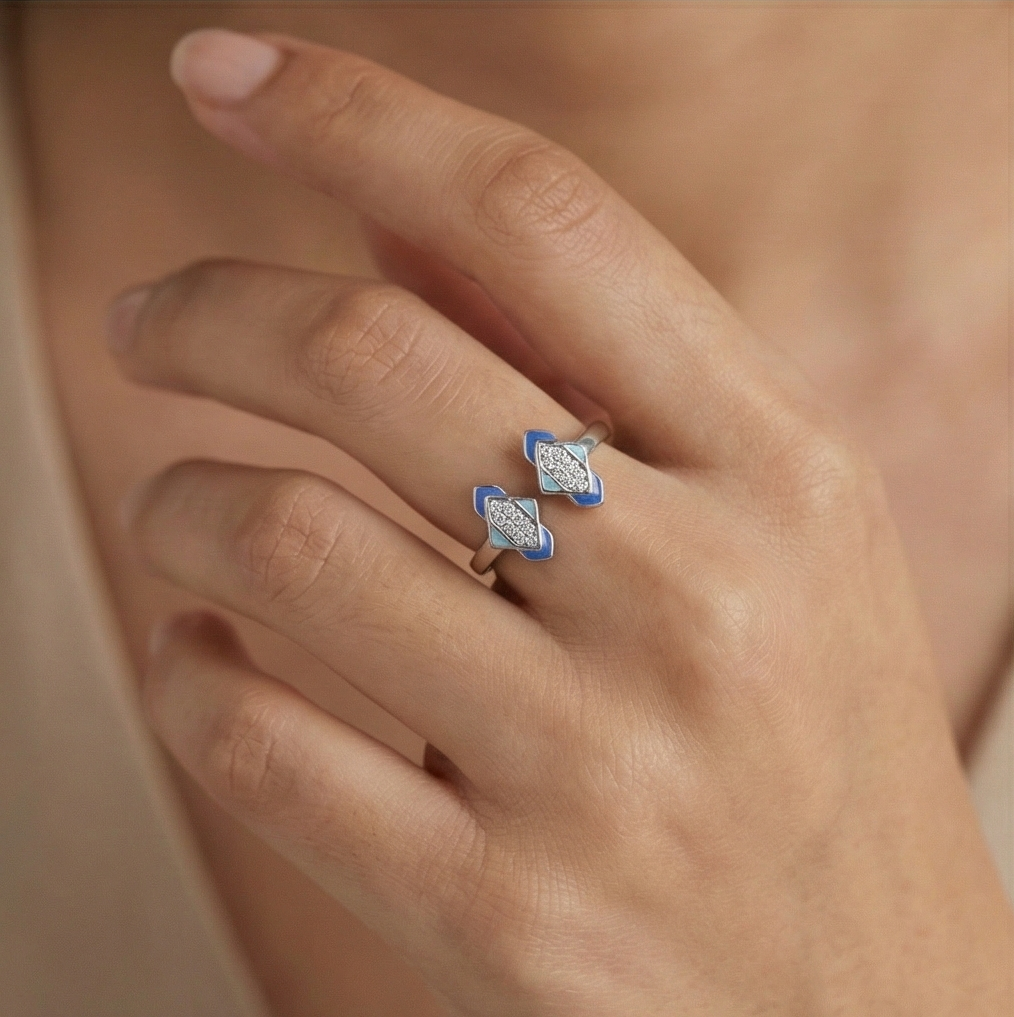 925 Sterling Silver Blue Enamel Geometric Open Cuff Ring Jewellery for Women