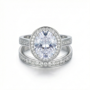 925 Sterling Silver Oval Halo Bridal Set of 2 Rings Jewellery for Women