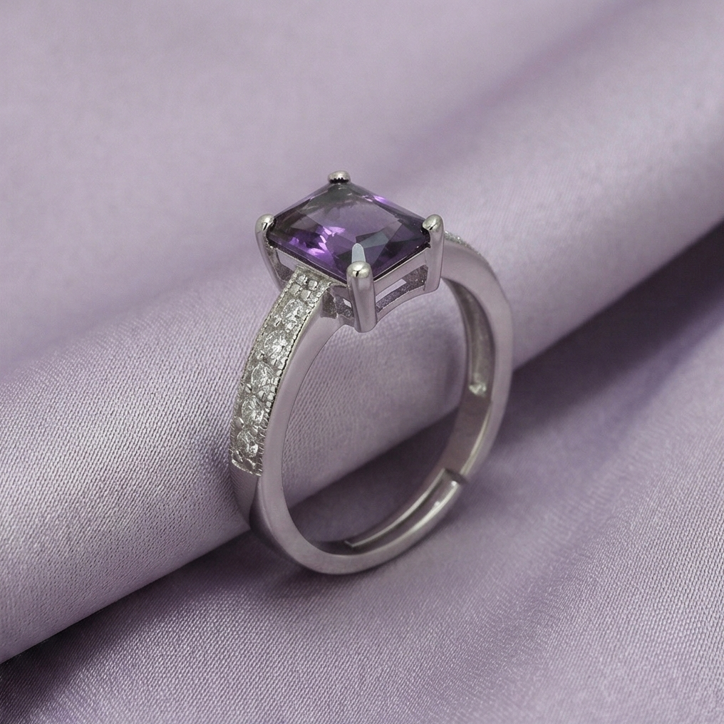 925 Sterling Silver Emerald Cut Purple Stone Adjustable Ring Jewellery for Women