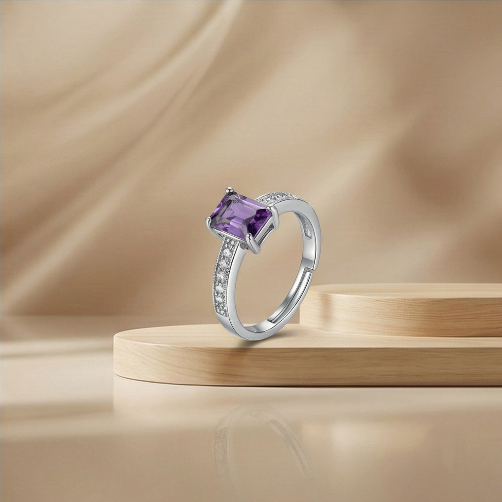 925 Sterling Silver Emerald Cut Purple Stone Adjustable Ring Jewellery for Women