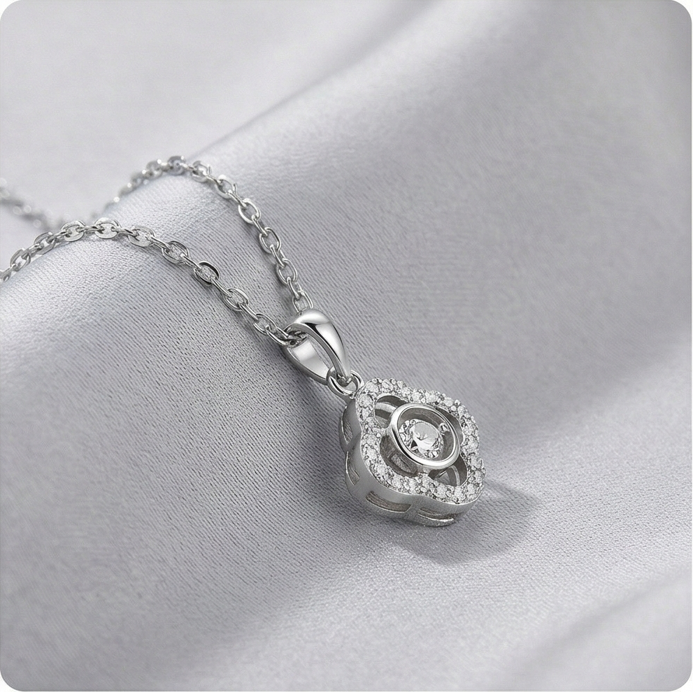 925 Sterling Silver Dancing Stone Floral Clover Pendant Necklace Jewellery for Women