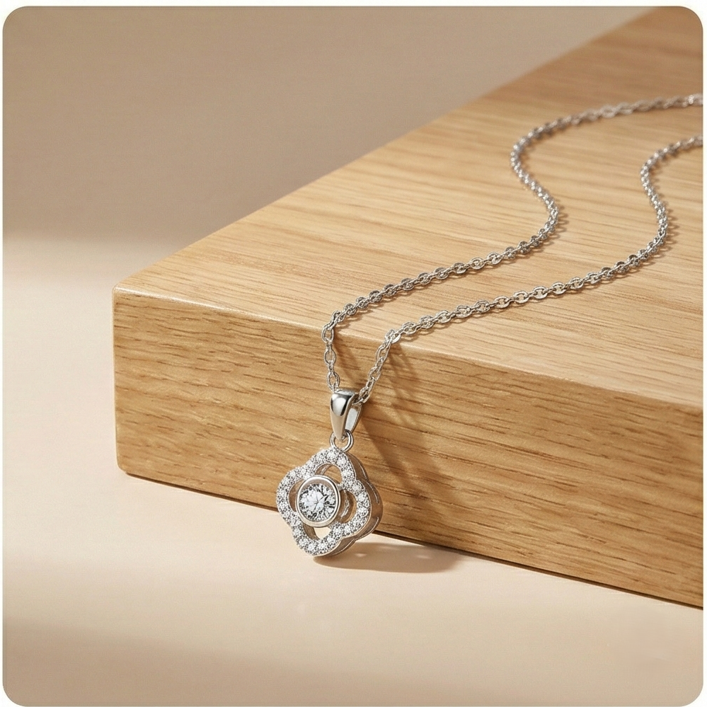 925 Sterling Silver Dancing Stone Floral Clover Pendant Necklace Jewellery for Women