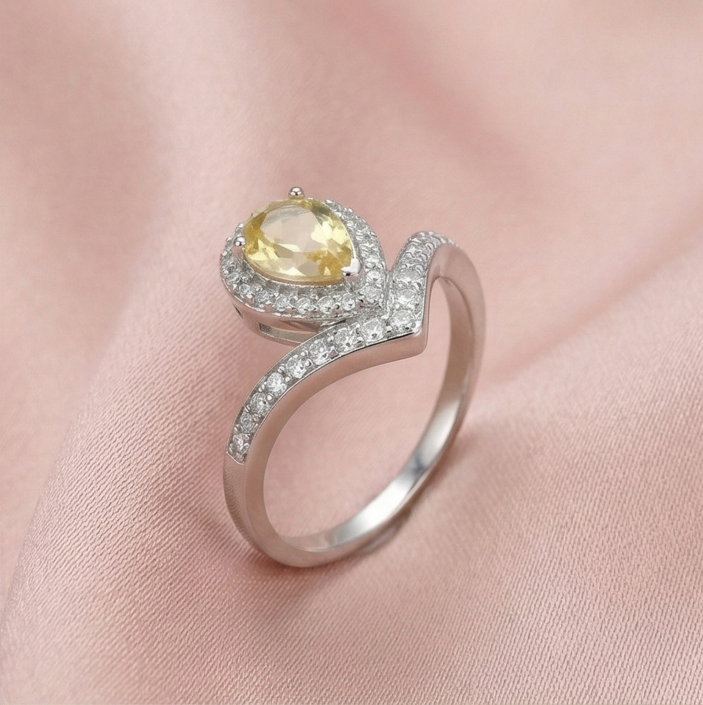925 Sterling Silver Pear Shaped Yellow Stone Chevron Halo Ring Jewellery for Women