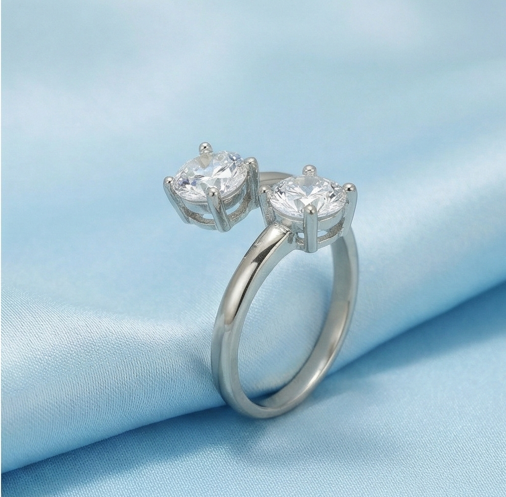 925 Sterling Silver Double Stone Open Adjustable Ring Jewellery for Women