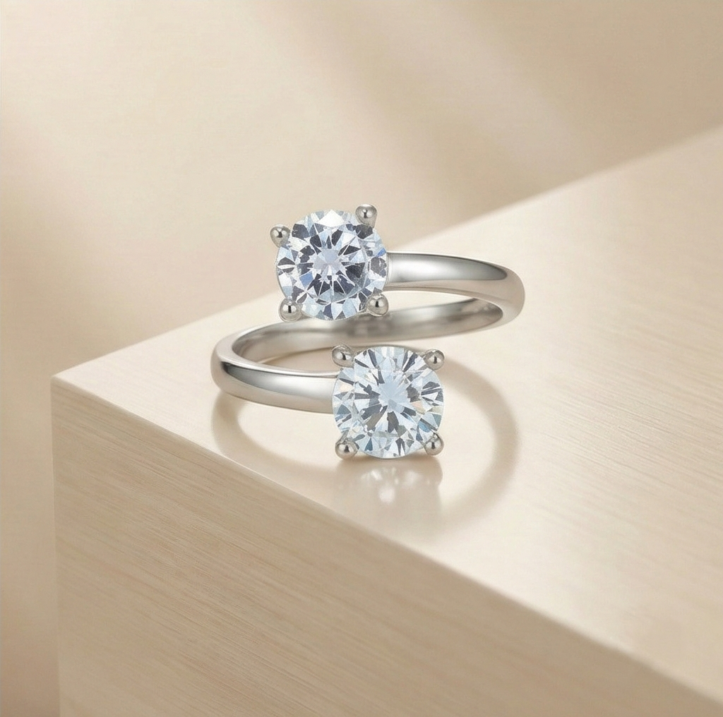 925 Sterling Silver Double Stone Open Adjustable Ring Jewellery for Women