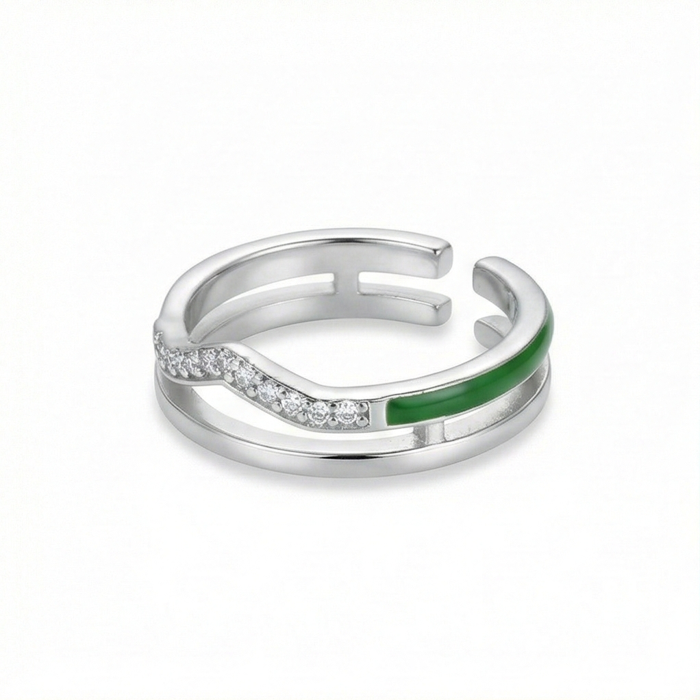 925 Sterling Silver Double Layer Wave Green Enamel Open Ring Jewellery for Girls