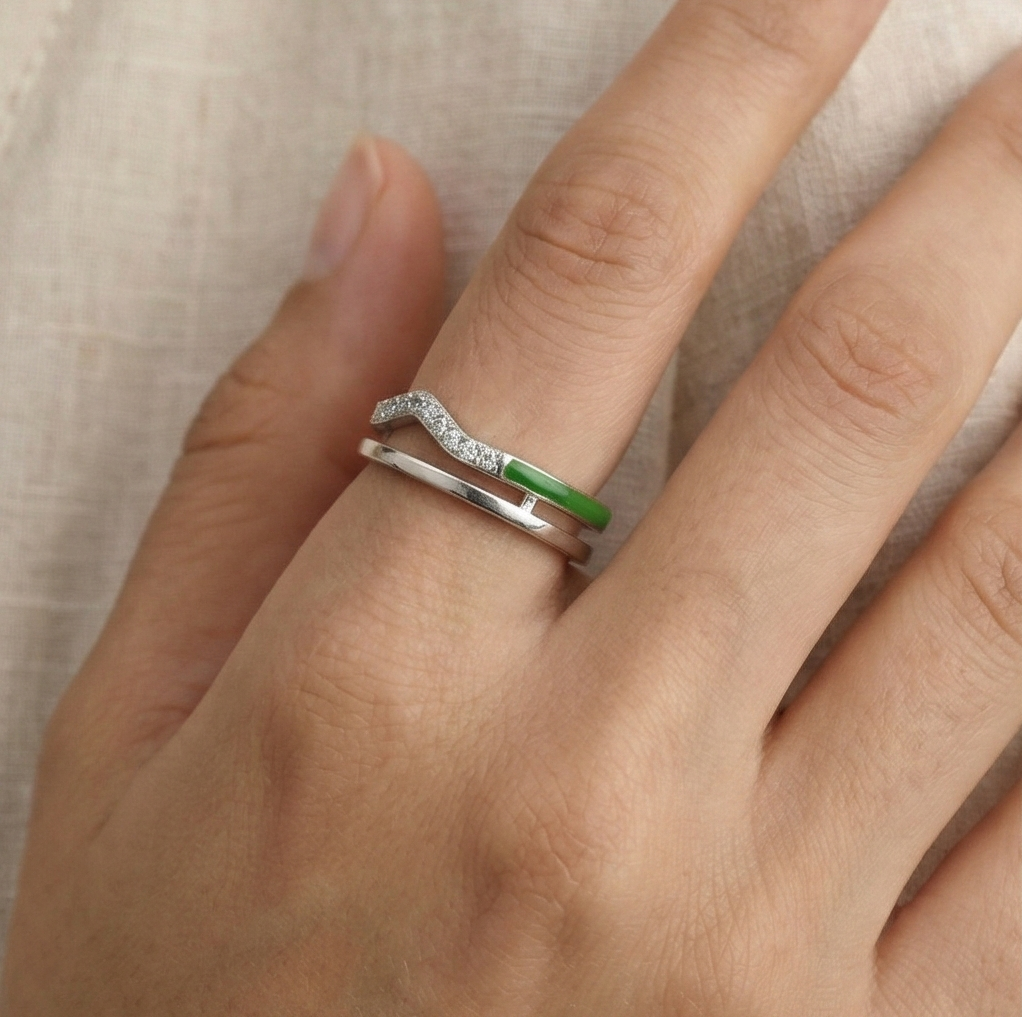 925 Sterling Silver Double Layer Wave Green Enamel Open Ring Jewellery for Girls
