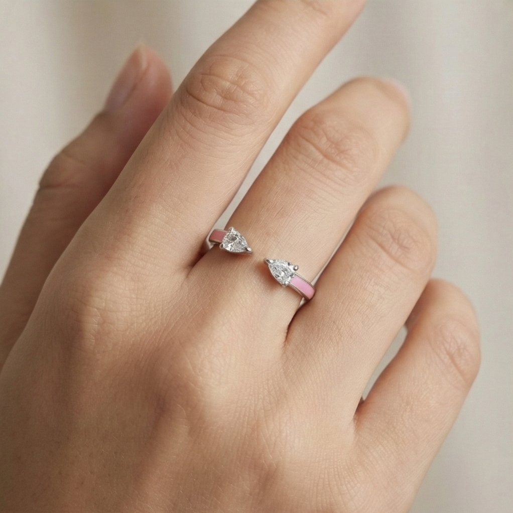 925 Sterling Silver Pear Stone Pink Enamel Open Cuff Ring Jewellery for Women