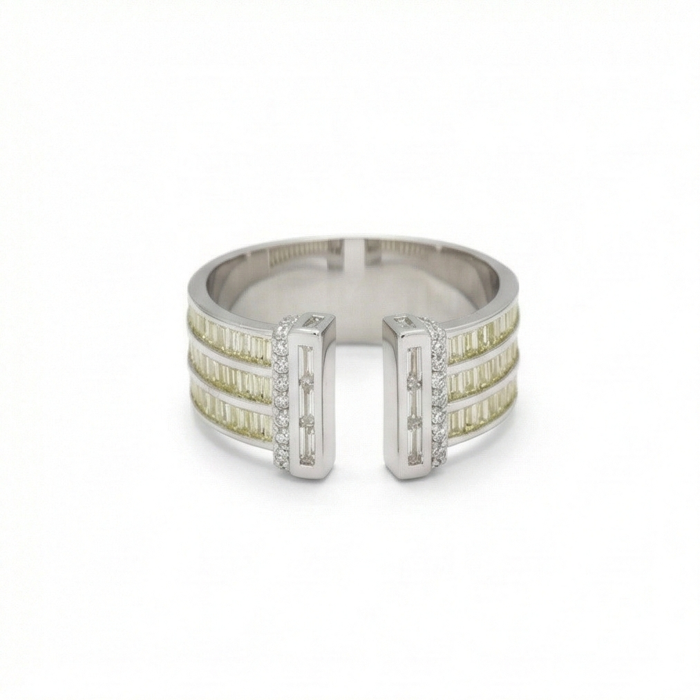 925 Sterling Silver Wide Band Baguette Yellow Stone Open Ring Jewellery for Women