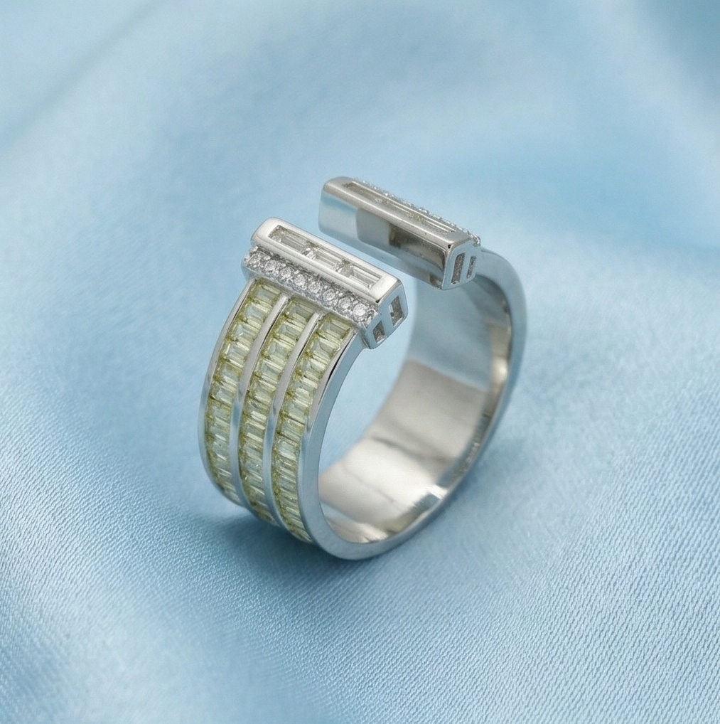 925 Sterling Silver Wide Band Baguette Yellow Stone Open Ring Jewellery for Women