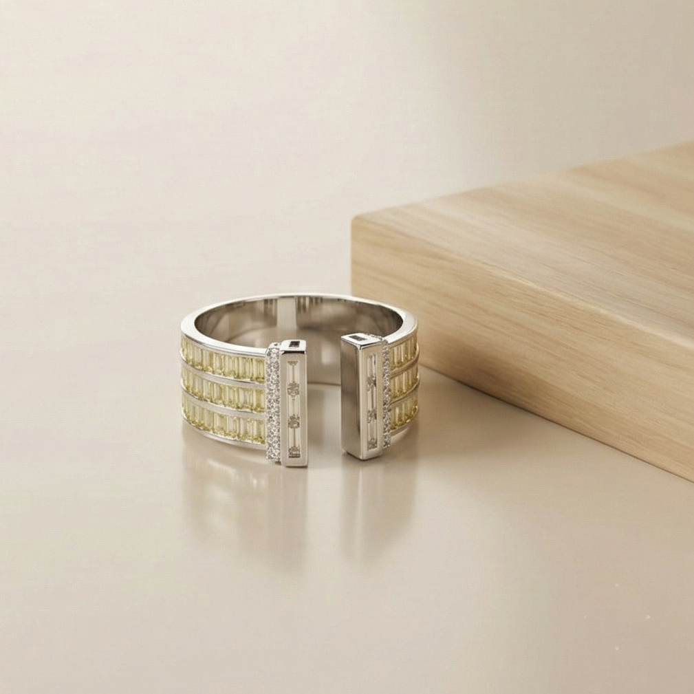 925 Sterling Silver Wide Band Baguette Yellow Stone Open Ring Jewellery for Women