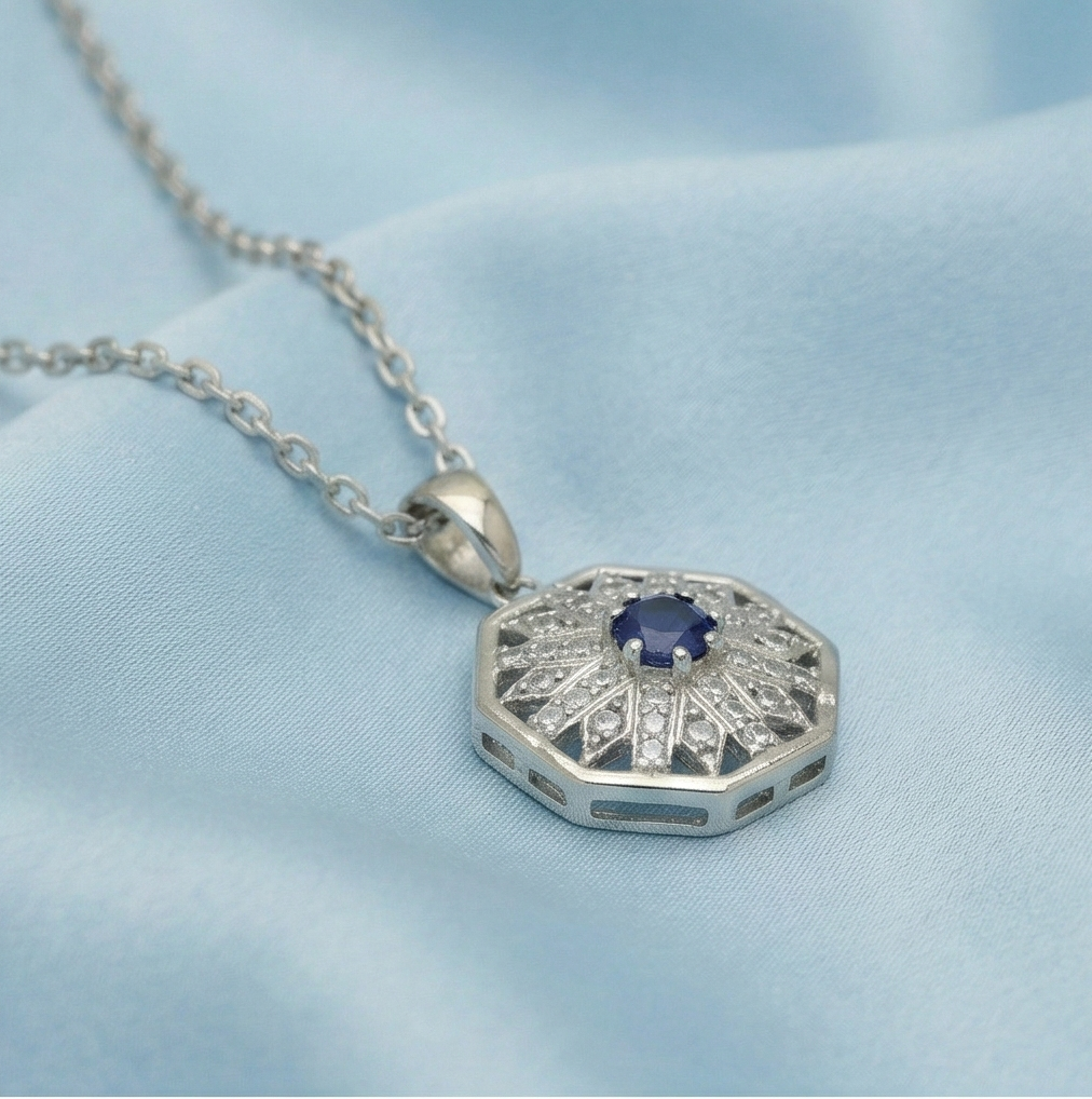 925 Sterling Silver Geometric Octagon Blue Stone Halo Pendant Necklace Jewellery for Women